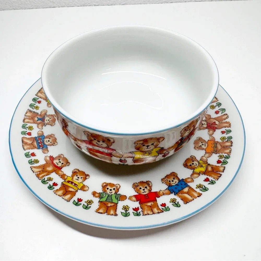 Vintage 70s 1979 Enesco Lucy Ring Teddy Bear Bowl and Plate